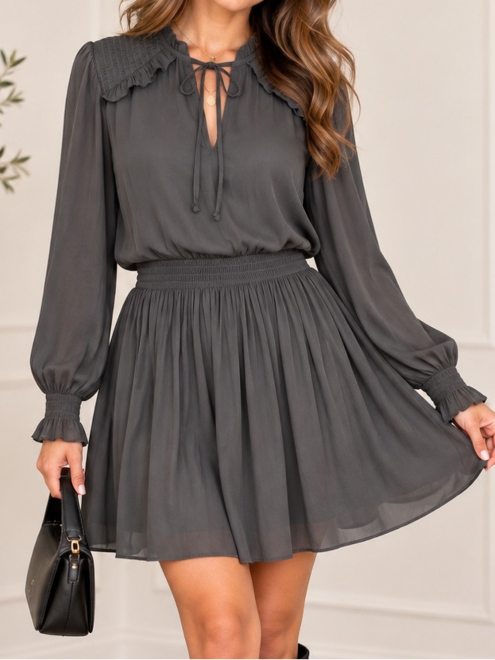 Mustard Seed Charcoal Satin Smocked Ruffle Long Sleeve Mini Dress size Small